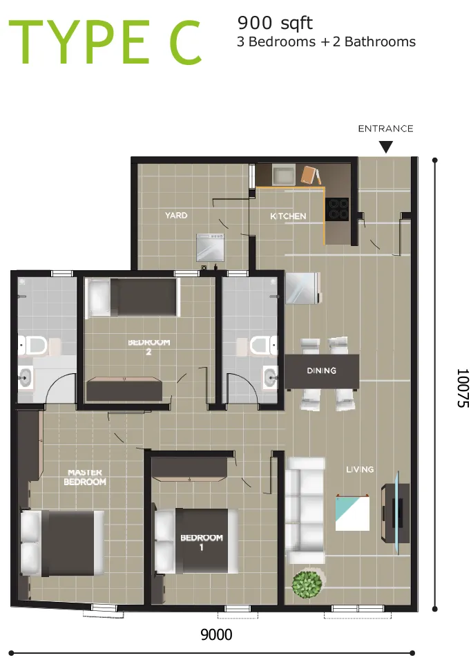 Ayana Residence Type C floor plan — 900 sq ft, three bedrooms and two bathrooms, end unit, Butterworth, Penang