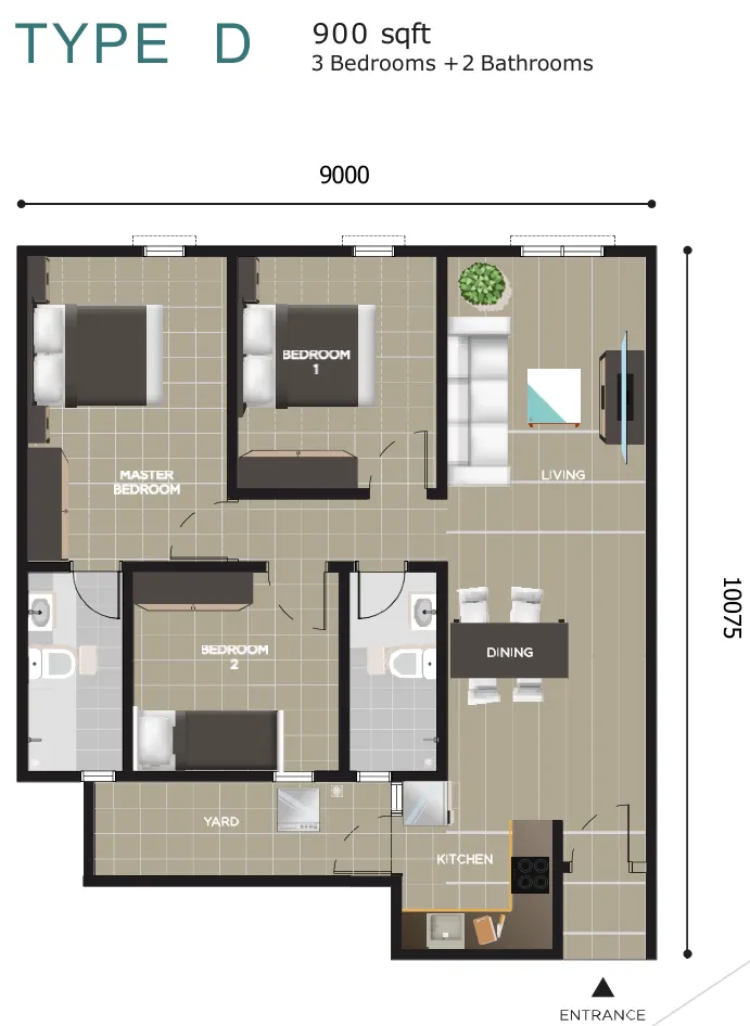 Ayana Residence Type D floor plan — 900 sq ft, three bedrooms and two bathrooms, end unit, Butterworth, Penang