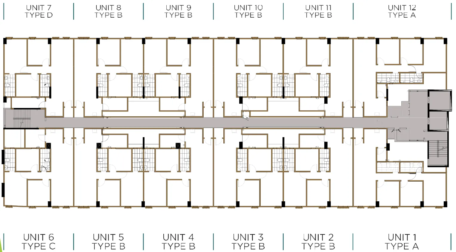 Ayana Residence typical floor plan, Levels 4–11 — Units 1 to 6 on the north side of the corridor