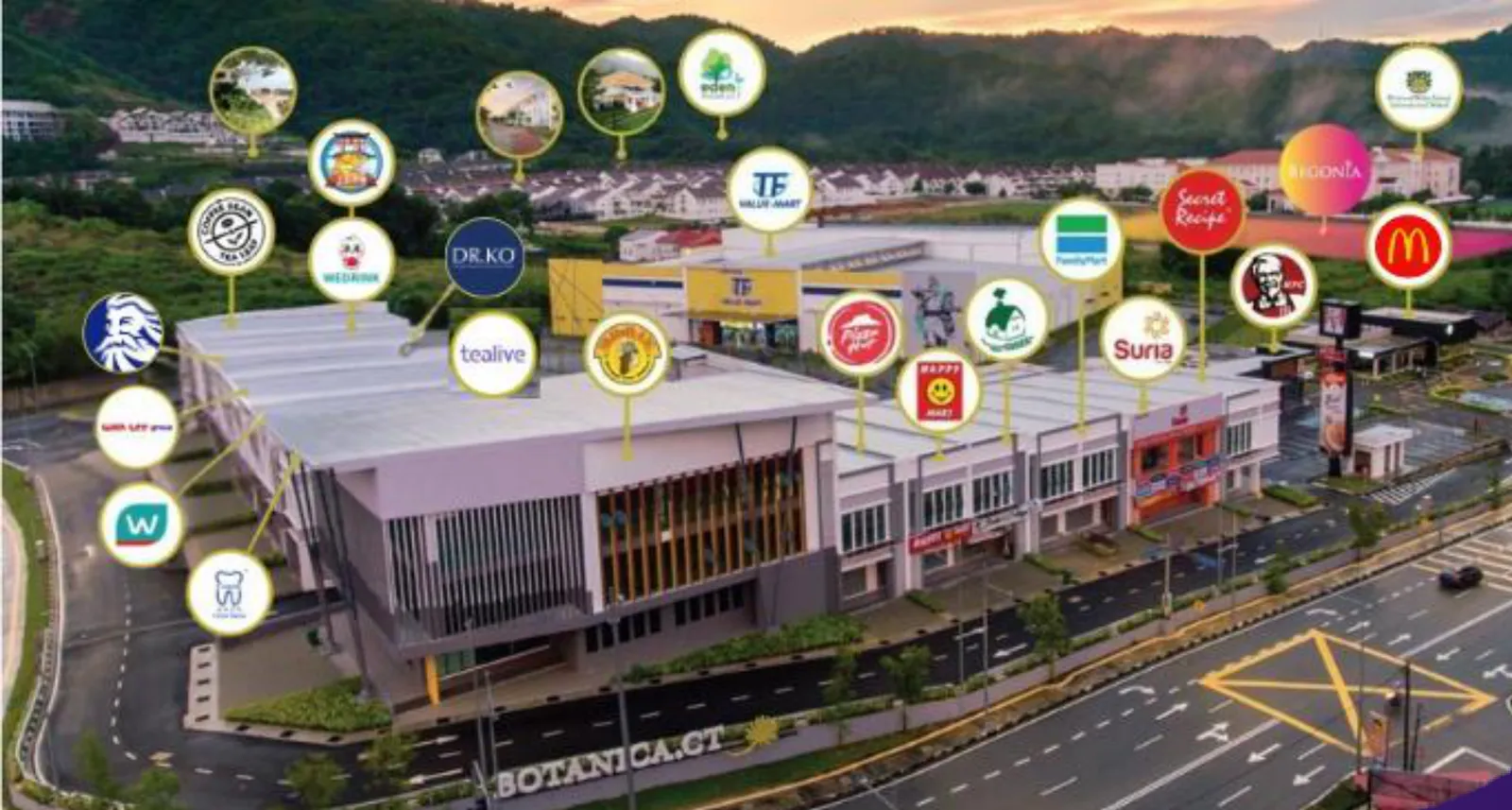 Botanica CT Centre shops and supermarket beside Begonia, aerial photo, Balik Pulau