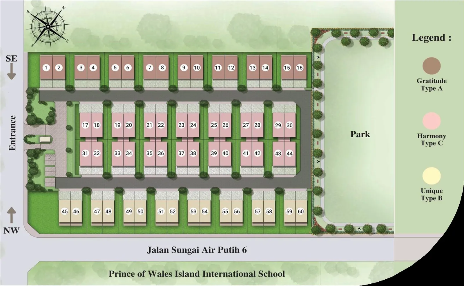 Begonia site plan of 60 lots L1–L60 on Jalan Sungai Air Putih 6, opposite Prince of Wales Island International School