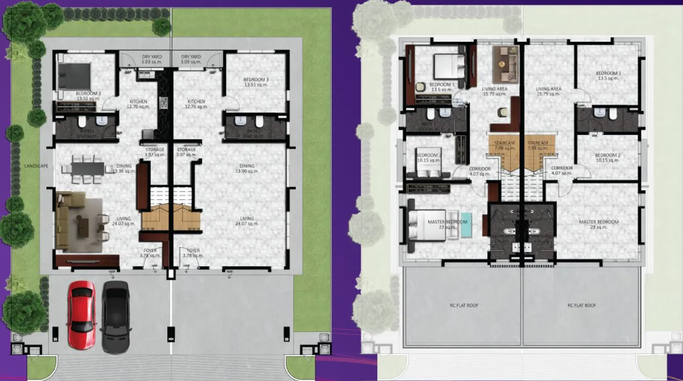 Begonia Type A Gratitude ground and first floor plans — 2,149 sq ft, 4 bedrooms, 3 bathrooms, Balik Pulau, Penang