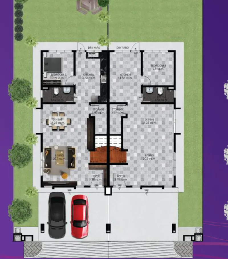 Begonia Type B Unique ground floor plan, semi-detached pair, lots L1–L16, Balik Pulau