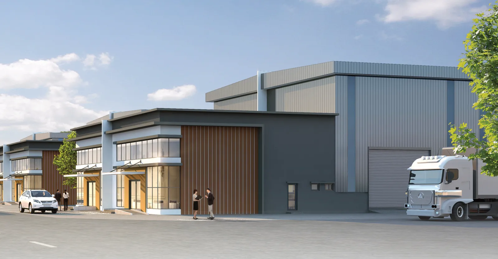 Bertam Signature factory row with side roller shutter and container truck loading, Seberang Perai Utara — artist's impression