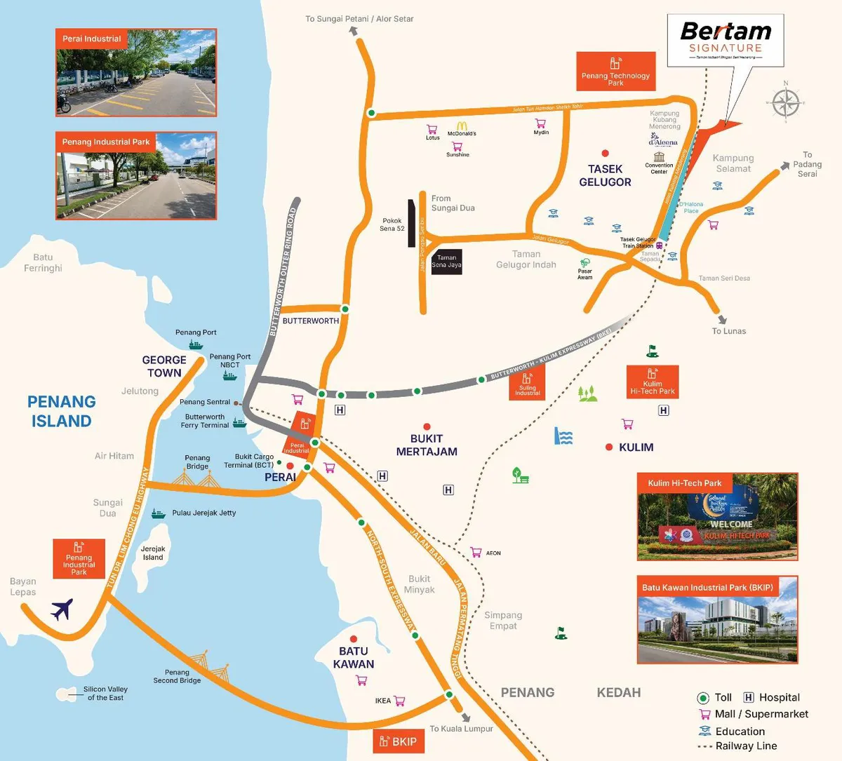 Bertam Signature location map of Seberang Perai Utara with Tasek Gelugor, Kepala Batas, Butterworth and the expressways, Penang