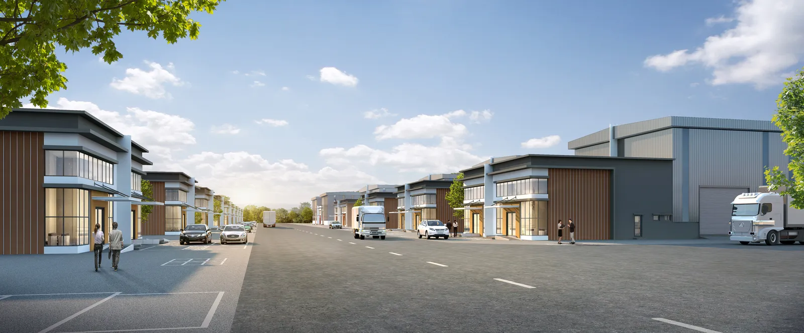 Bertam Signature Phase 1 streetscape of semi-detached factories along the main road, Tasek Gelugor, Penang — artist's impression