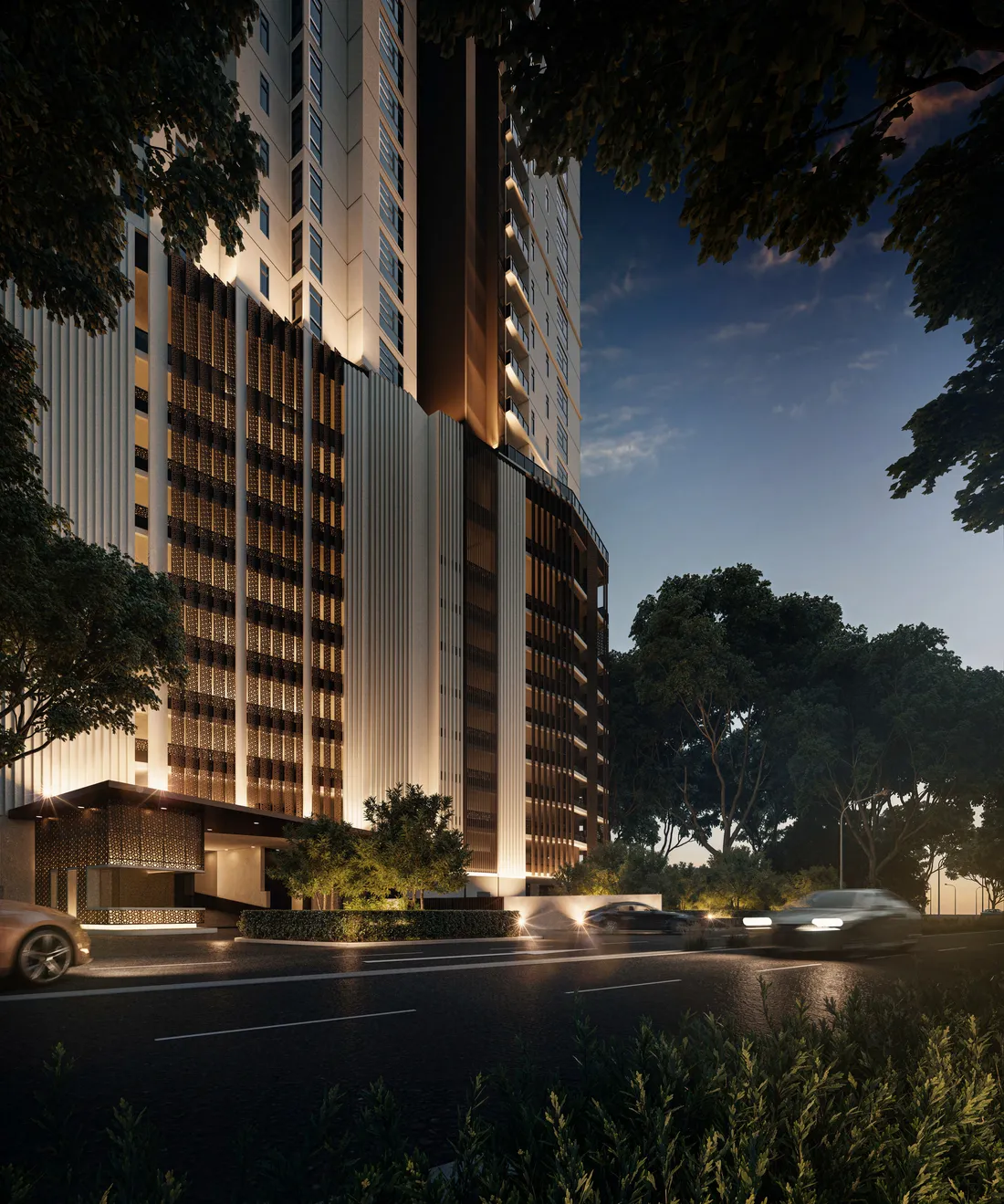 Cantonment Residence 夜间入口效果图，槟城浮罗池滑