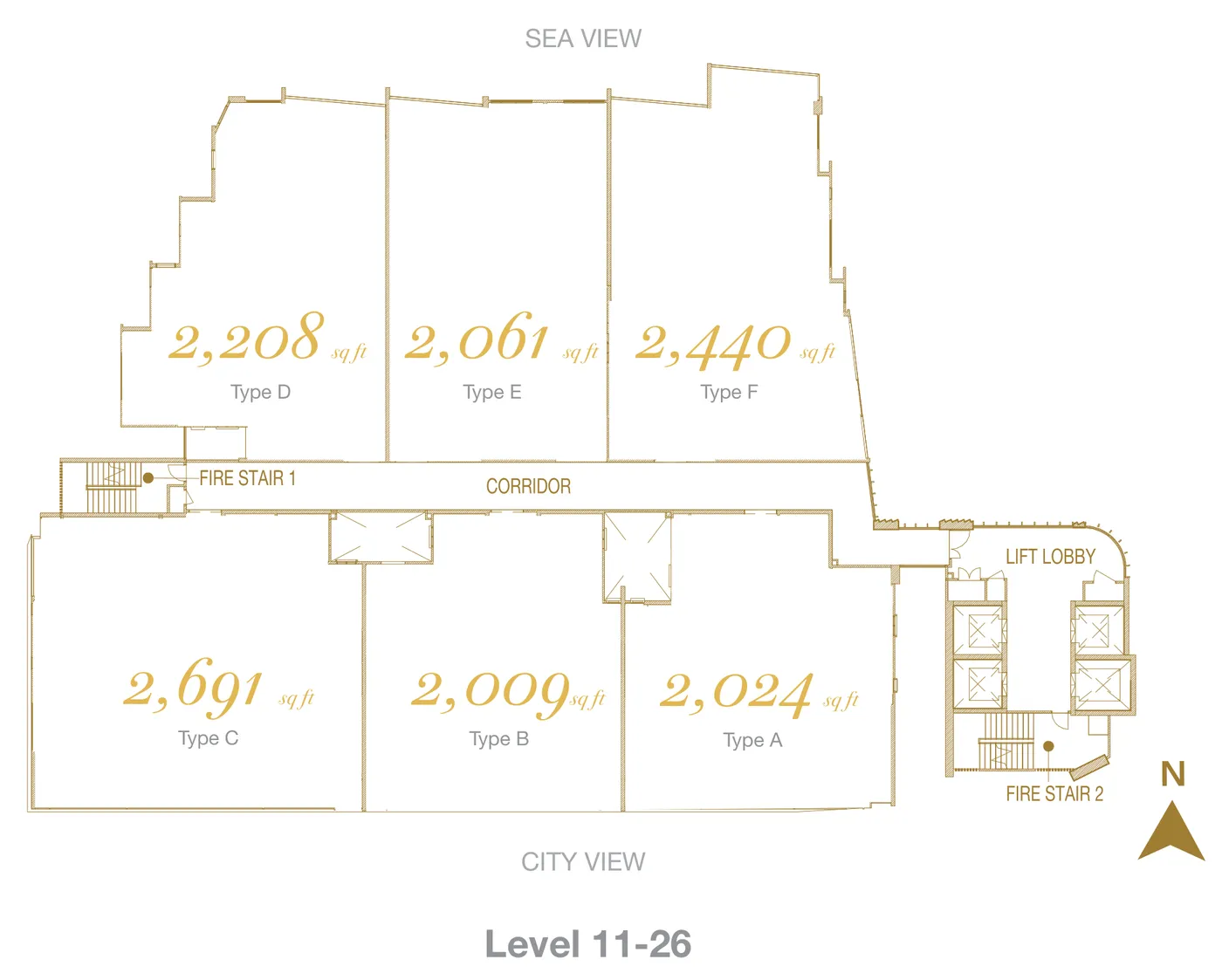 Cantonment Residence 11–26 楼标准层平面图，每层 6 户，北面海景、南面城市景