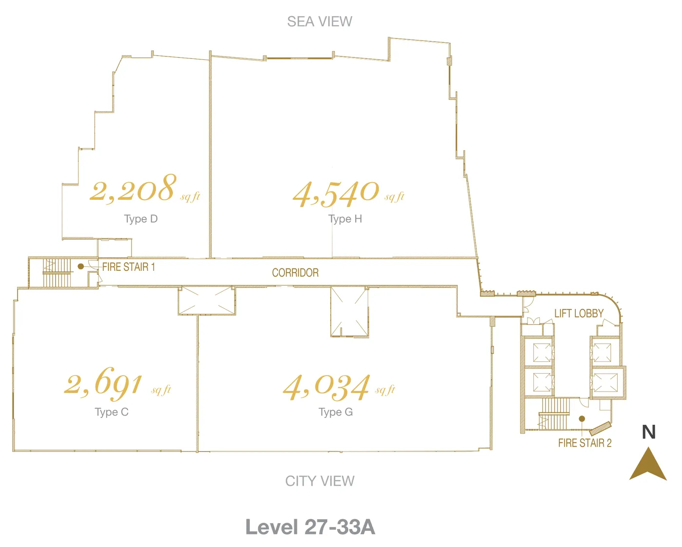 Cantonment Residence 27–33A 楼标准层平面图，每层 4 户，含 4,034 平方尺 G 型与 4,540 平方尺 H 型