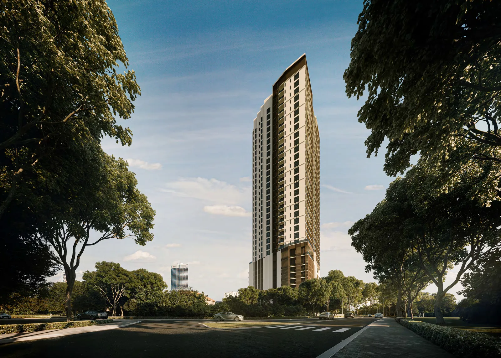 Cantonment Residence 单栋住宅塔楼效果图，从浮罗池滑林荫街道望去