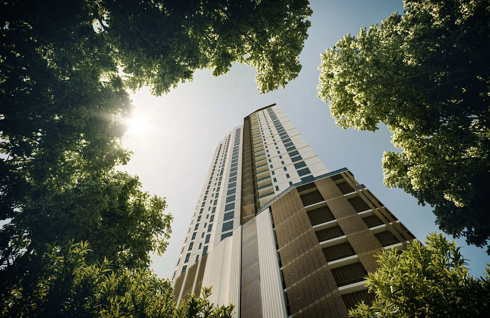 Cantonment Residence 从树荫间仰望的外墙效果图，槟城浮罗池滑