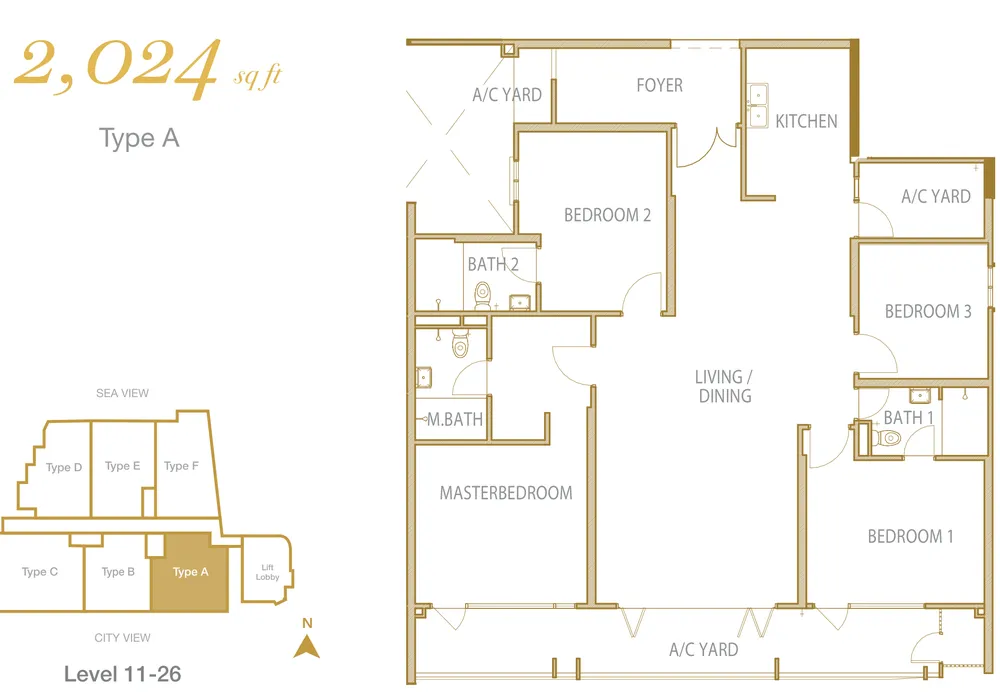 Cantonment Residence Type A 户型图——2,024 平方尺，四房 3 卫，槟城浮罗池滑