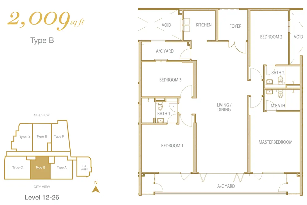 Cantonment Residence Type B 户型图——2,009 平方尺，四房 3 卫，槟城浮罗池滑