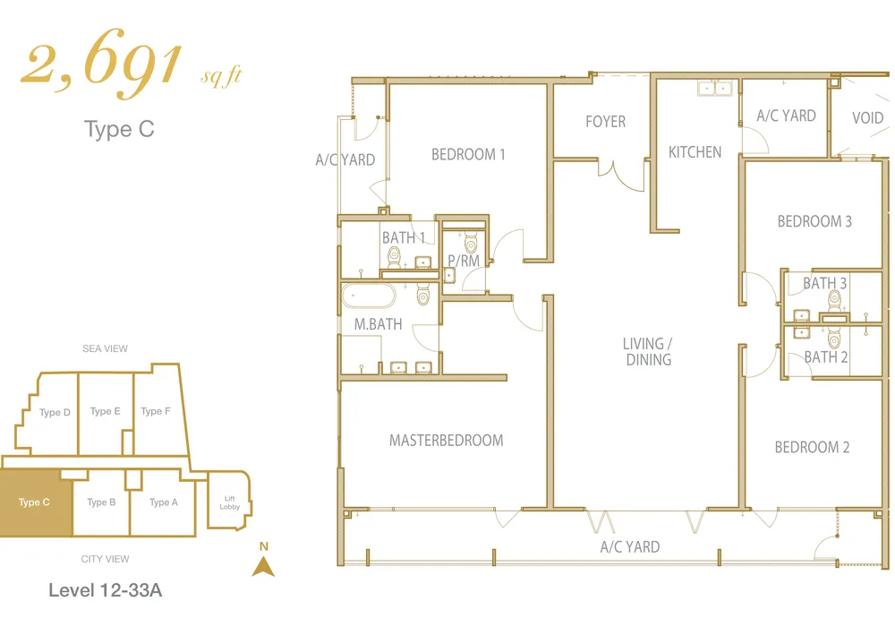 Cantonment Residence Type C 户型图——2,691 平方尺，四房 4 卫，槟城浮罗池滑
