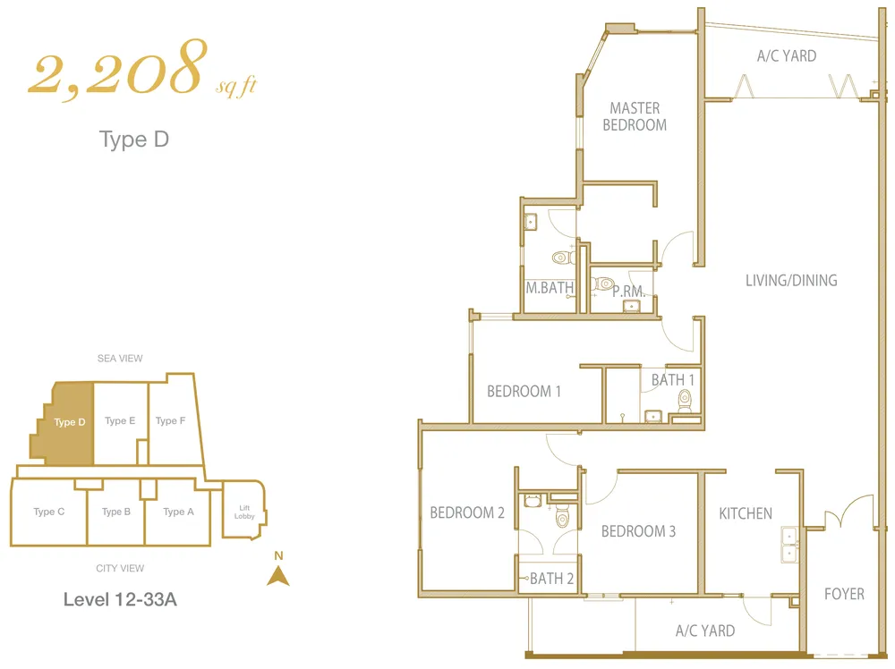 Cantonment Residence Type D 户型图——2,208 平方尺，四房 3 卫，槟城浮罗池滑