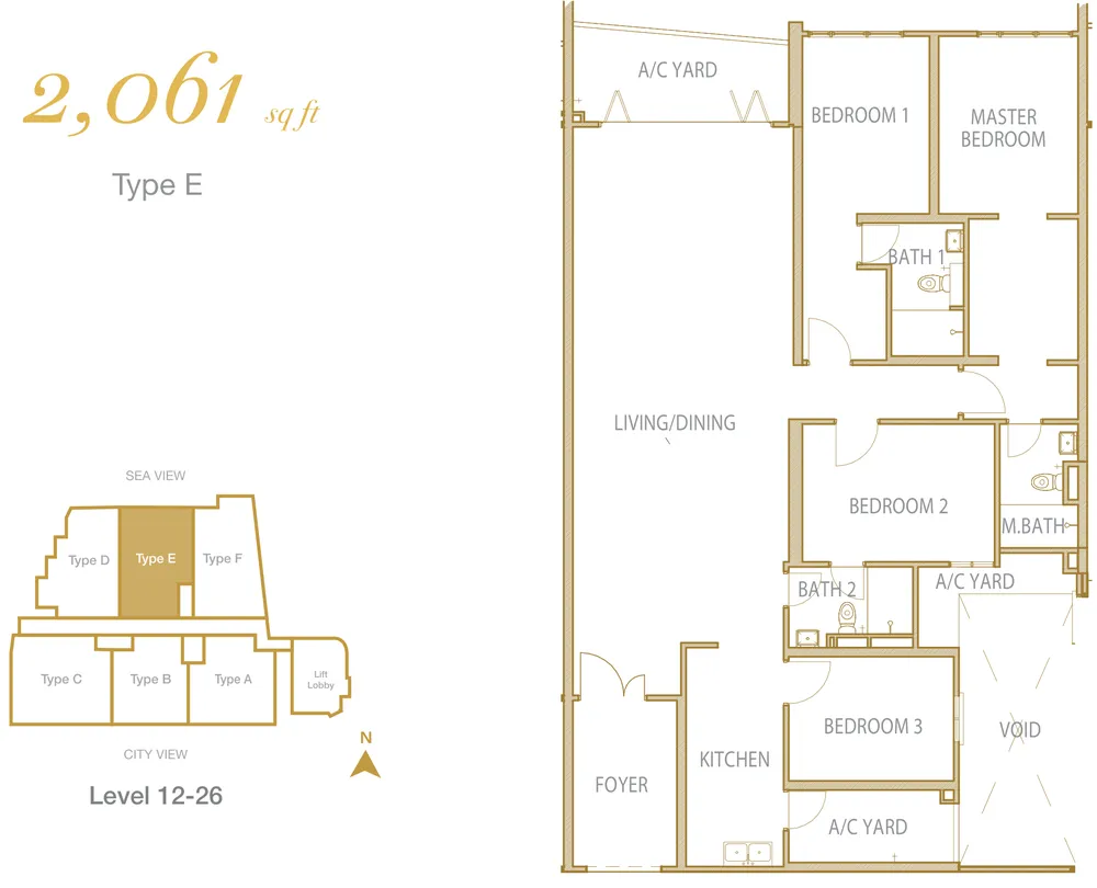 Cantonment Residence Type E 户型图——2,061 平方尺，四房 3 卫，槟城浮罗池滑