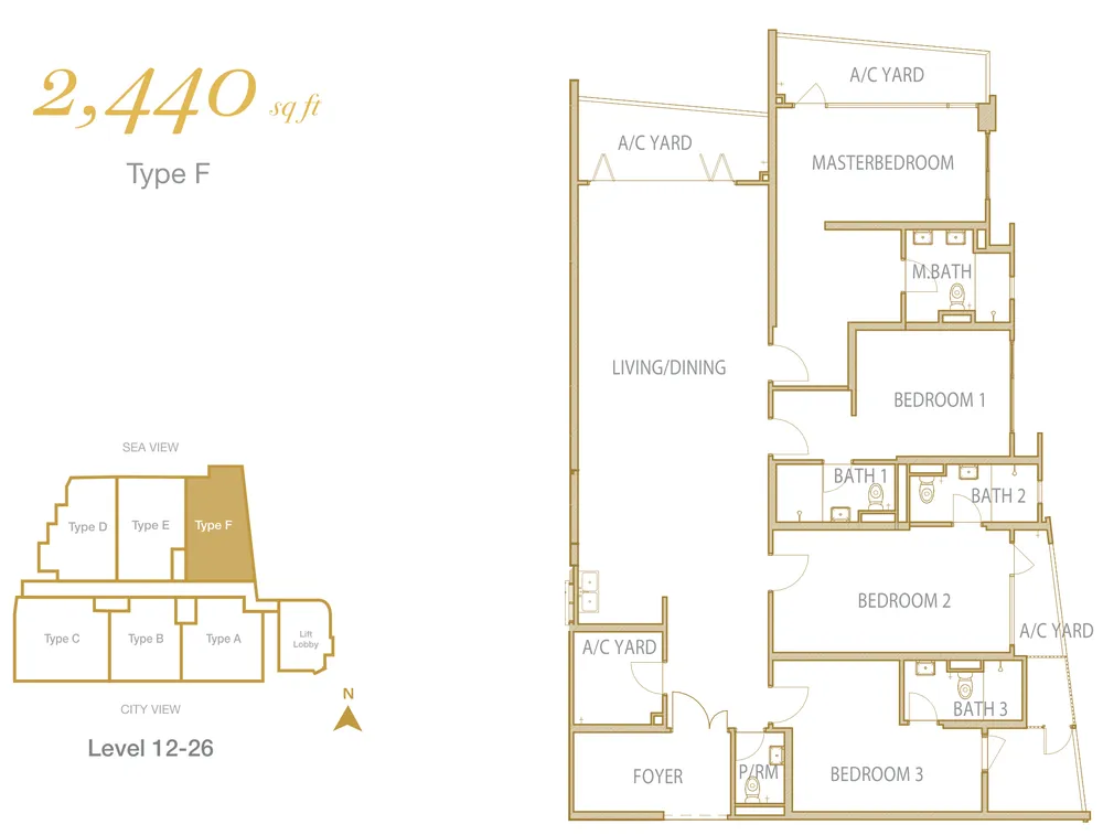 Cantonment Residence Type F 户型图——2,440 平方尺，四房 4 卫，槟城浮罗池滑