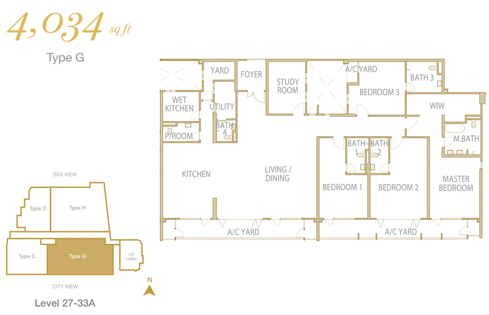 Cantonment Residence Type G 户型图——4,034 平方尺，四房 5 卫，槟城浮罗池滑