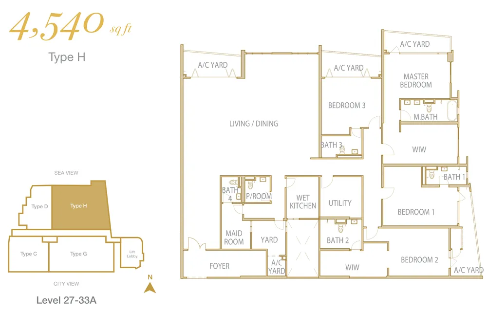 Cantonment Residence Type H 户型图——4,540 平方尺，四房 5 卫，槟城浮罗池滑