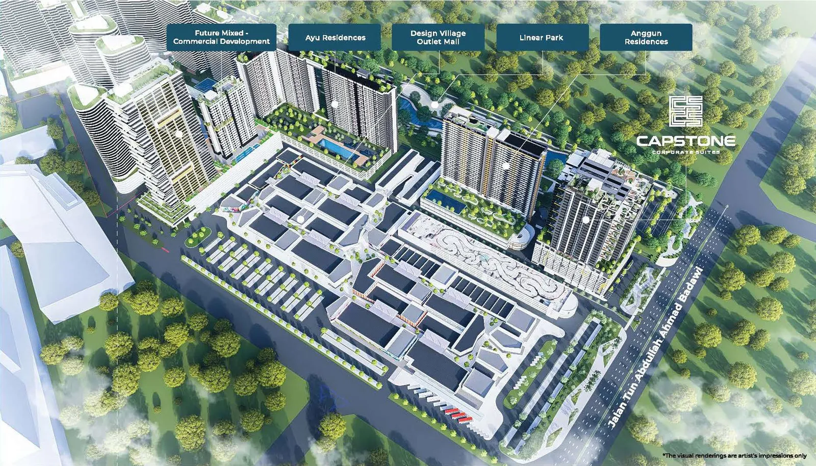 Bandar Cassia 中央商务区总体规划效果图：Capstone Corporate Suites、Anggun Residences、Design Village 与线性公园