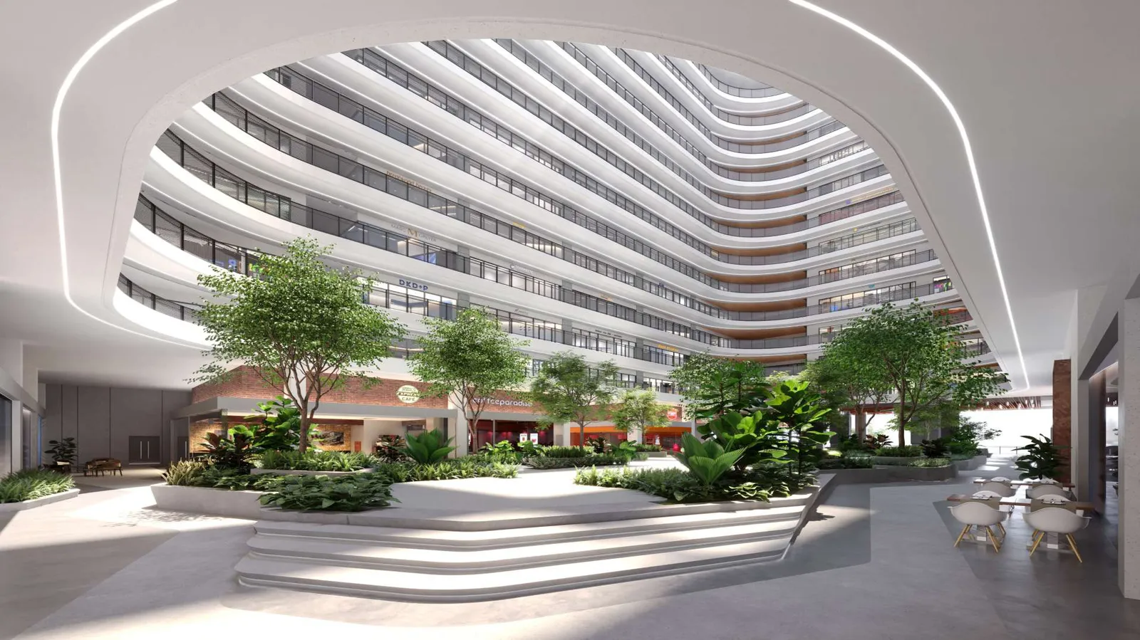 Capstone Corporate Suites 中庭效果图：玻璃屋顶、绿植，办公楼层环绕