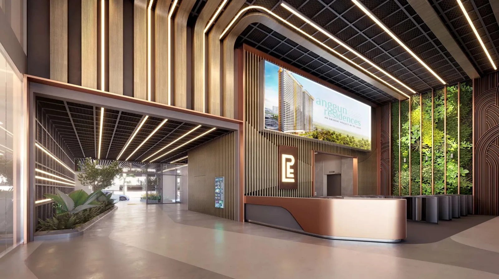 Capstone Corporate Suites 大堂接待处与绿墙效果图，峇都加湾