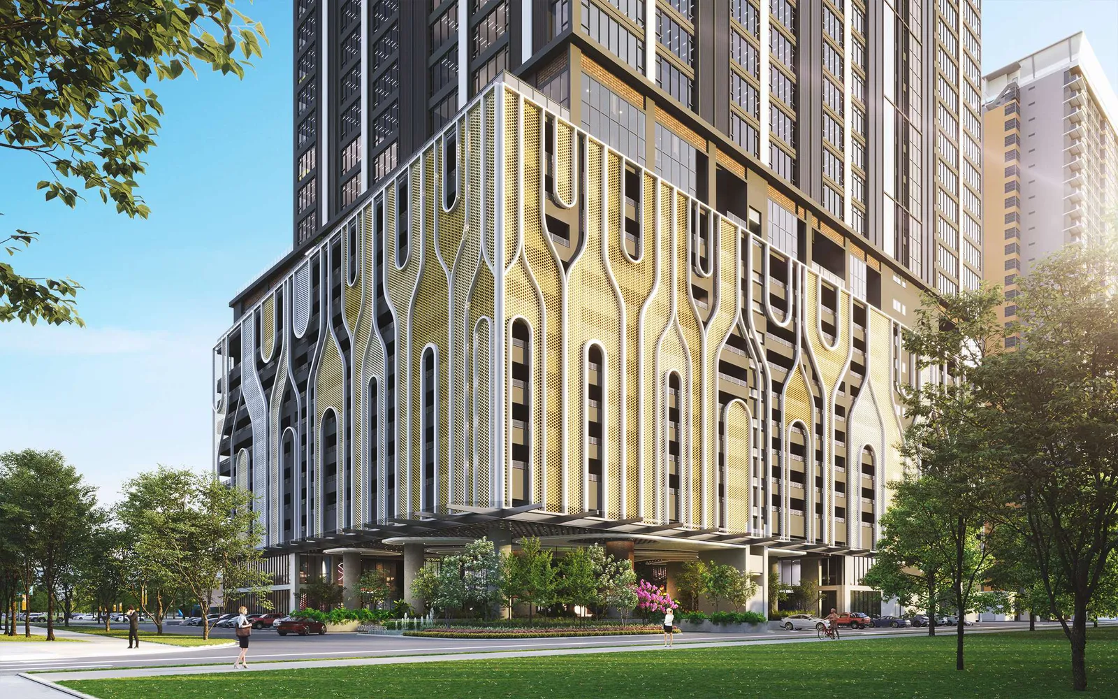 Capstone Corporate Suites 裙楼外墙效果图，灵感来自砂拉越原住民盾牌图腾