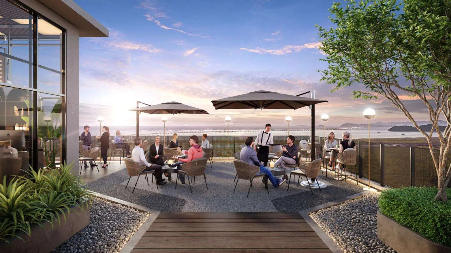 Capstone Corporate Suites 办公露台效果图，远眺海景