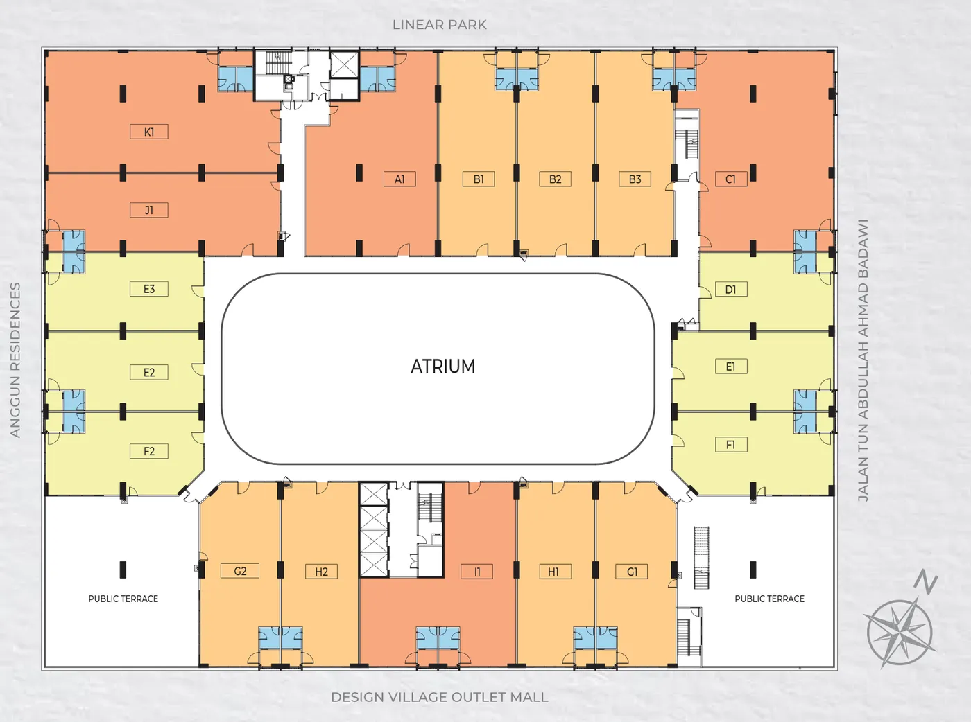 Capstone Corporate Suites 12–29 楼标准办公层平面图，标示标准、中间与大单位环绕中庭