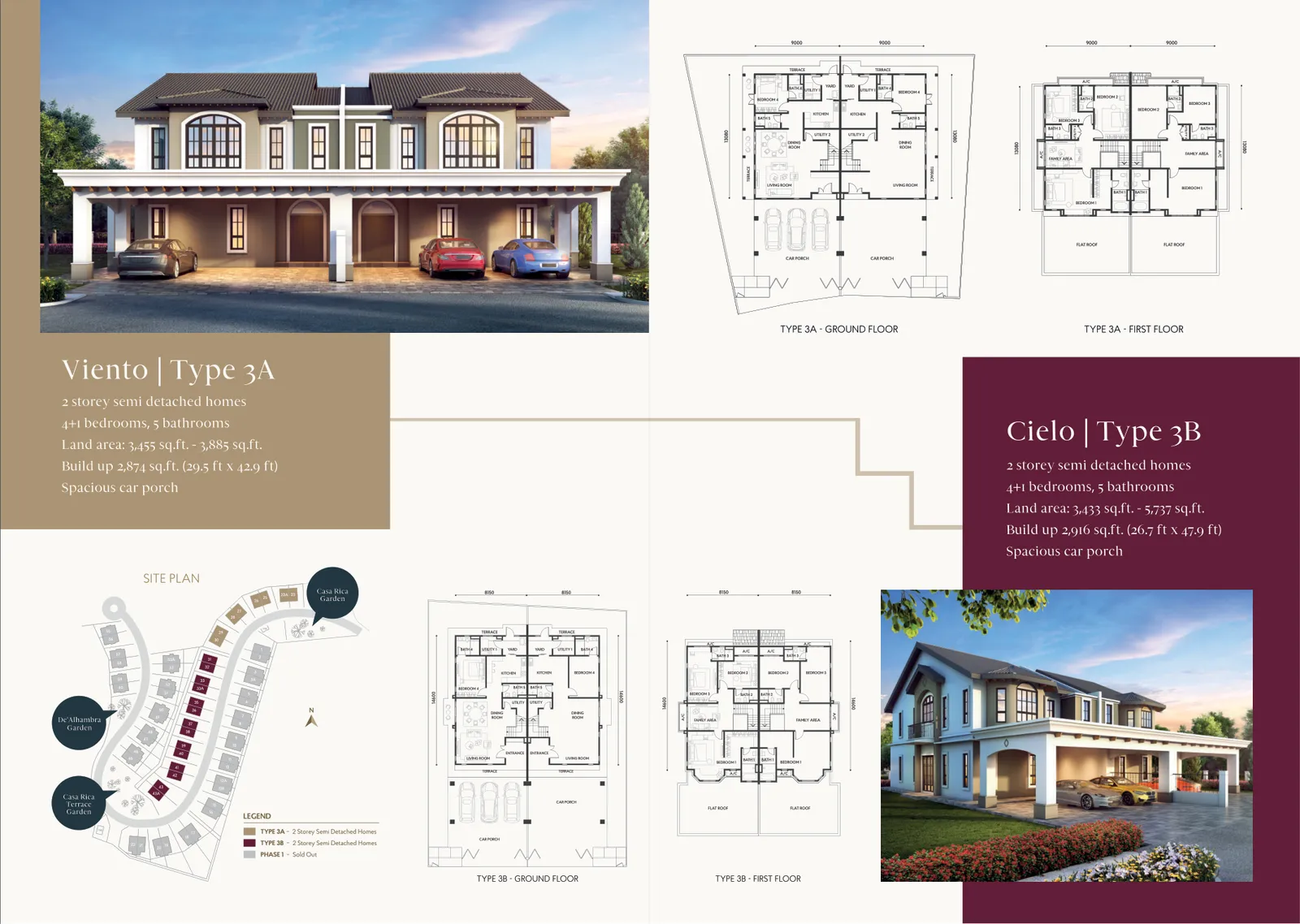 Casa Rica 第二期手册跨页：Viento 3A 型与 Cielo 3B 型，槟城双溪亚拉
