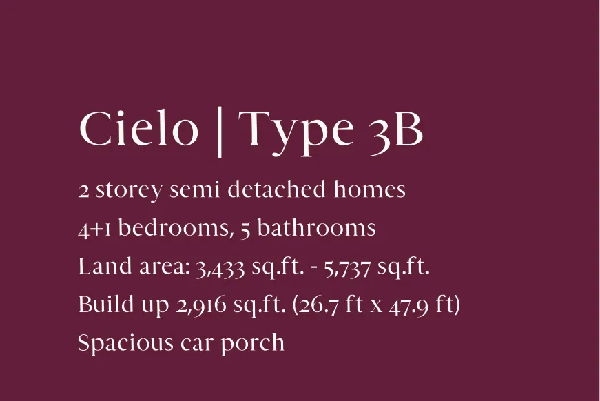 Casa Rica Cielo 3B 型规格——4+1 房、5 卫、建筑面积 2,916 平方尺，槟城双溪亚拉