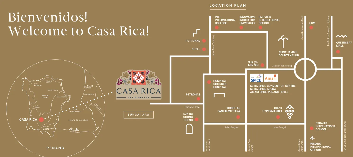 Casa Rica 位置图：标示 SPICE、武吉占布、Queensbay Mall 与槟城国际机场，槟城双溪亚拉