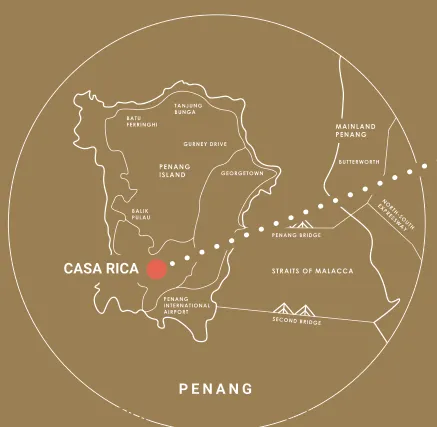 Casa Rica 在槟岛东南部的位置示意图，介于槟城大桥与槟城第二大桥之间