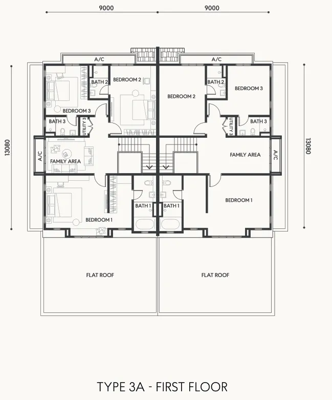 Casa Rica Viento 3A 型一楼平面图——主卧、第 2 与第 3 房、家庭厅，车廊上方为平屋顶，槟城双溪亚拉