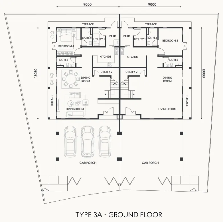 Casa Rica Viento 3A 型底层平面图——客厅、饭厅、厨房、第 4 房与三车位车廊，面宽 9 米，槟城双溪亚拉