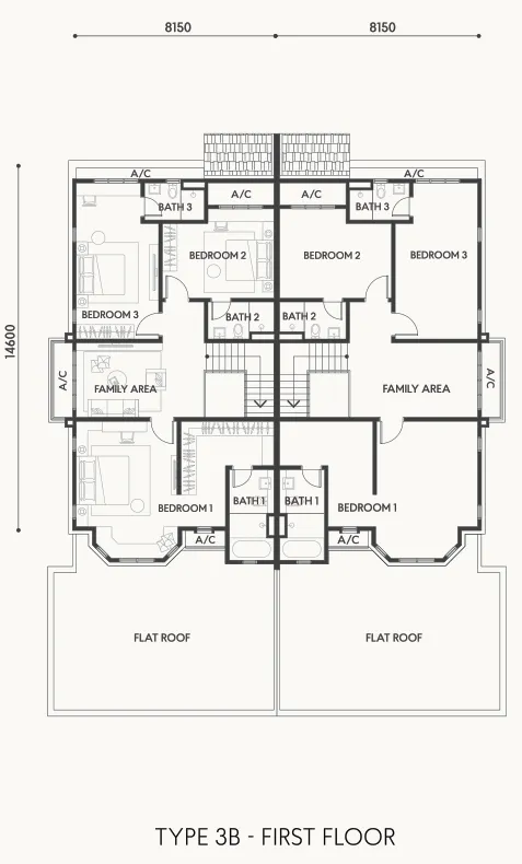 Casa Rica Cielo 3B 型一楼平面图——带凸窗的主卧、第 2 与第 3 房及家庭厅，槟城双溪亚拉
