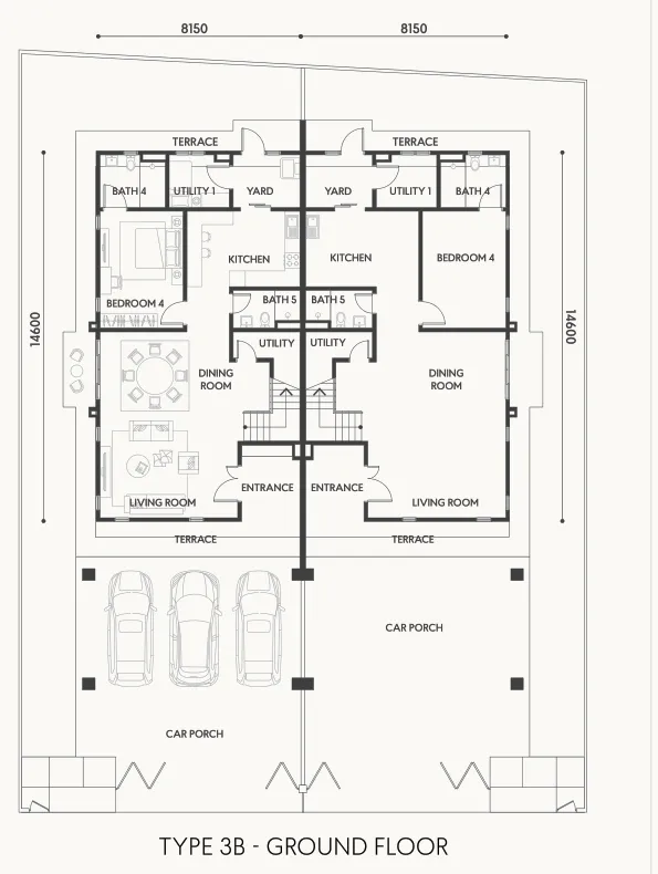 Casa Rica Cielo 3B 型底层平面图——玄关、客厅、饭厅、厨房、第 4 房与车廊，面宽 8.15 米，槟城双溪亚拉