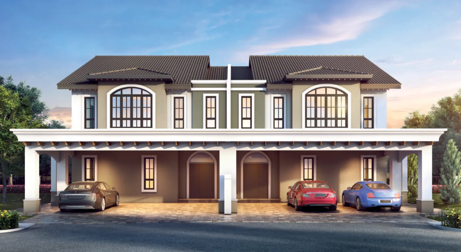 Casa Rica Viento 3A 型双层半独立洋房外观效果图，拱形窗与三车位车廊，槟城双溪亚拉 Setia Greens