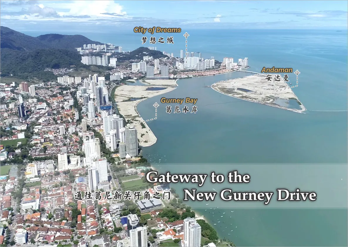 City of Dreams aerial view over Gurney Drive and Andaman Island, Tanjung Tokong, Penang Island