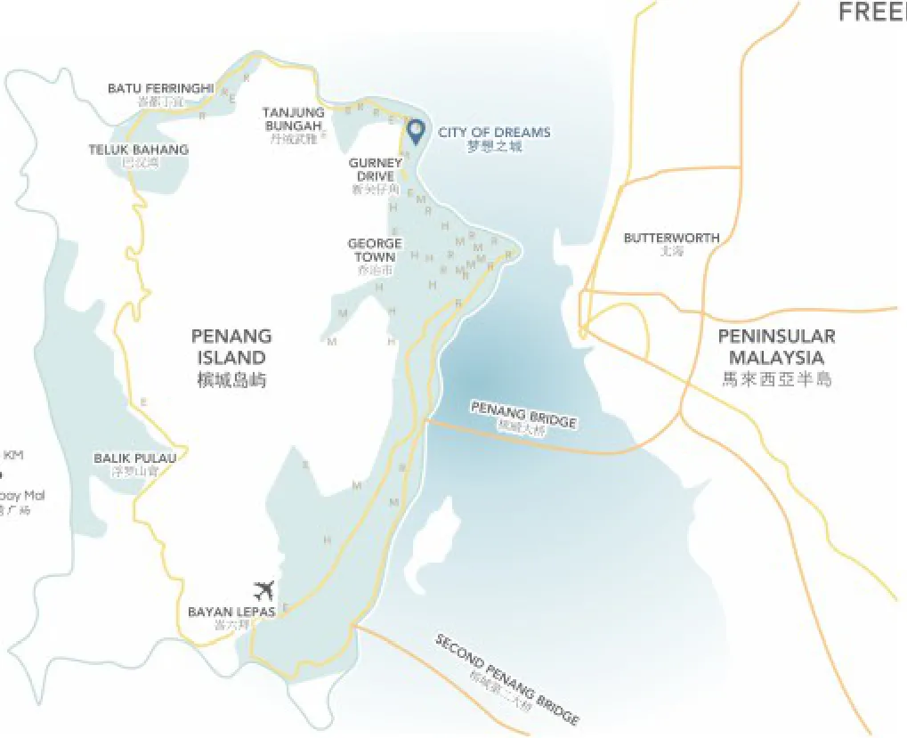 City of Dreams location map on Penang Island between Tanjung Bungah and Gurney Drive