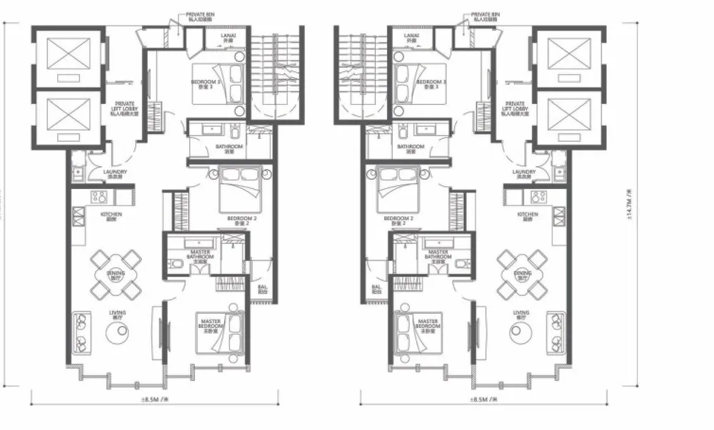City of Dreams Type B1 floor plan — 1,097 sq ft, three bedrooms, two bathrooms, Tanjung Tokong, Penang