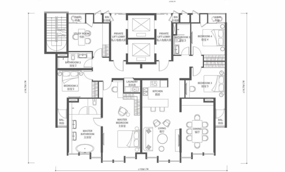 City of Dreams Type E penthouse floor plan — 2,326 sq ft, four bedrooms plus study, Tanjung Tokong, Penang