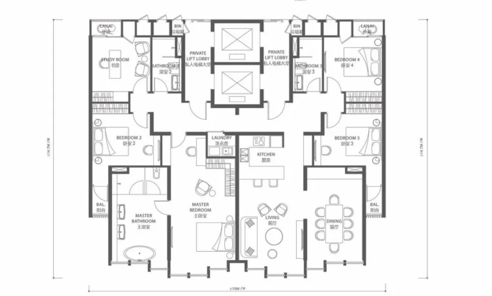 City of Dreams Type W penthouse floor plan — 2,370 sq ft, four bedrooms plus study, Tanjung Tokong, Penang