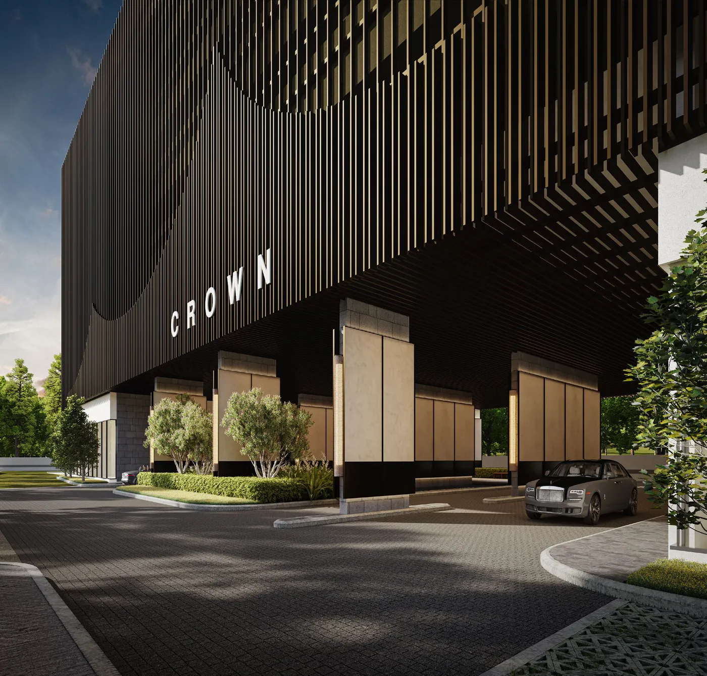 Crown Penang entrance and driveway beneath the car park podium, Jalan Seri Tanjung Pinang, Penang — artist's impression