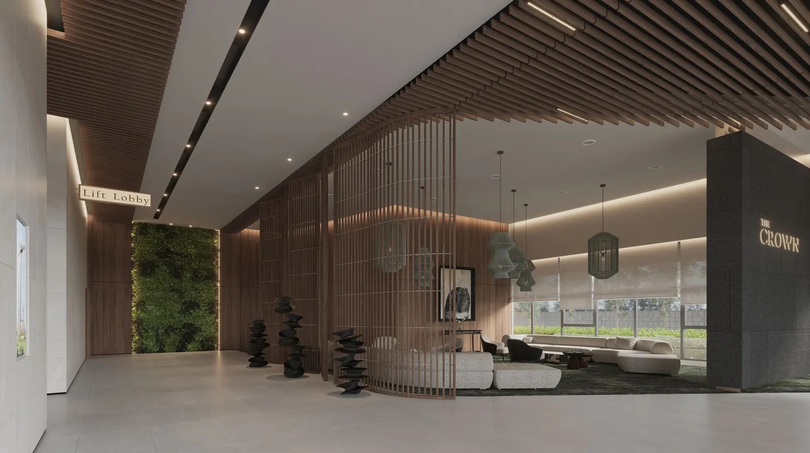 Crown Penang Level 1 grand lobby with green wall and lift lobby, Tanjung Tokong — artist's impression