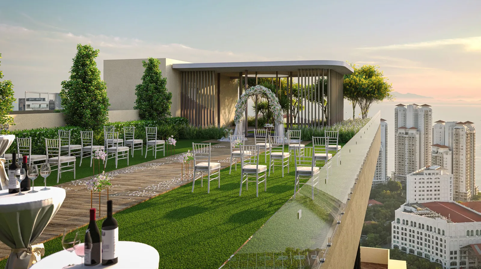Crown Penang Level 40 event garden set up for a small wedding, Penang — artist's impression