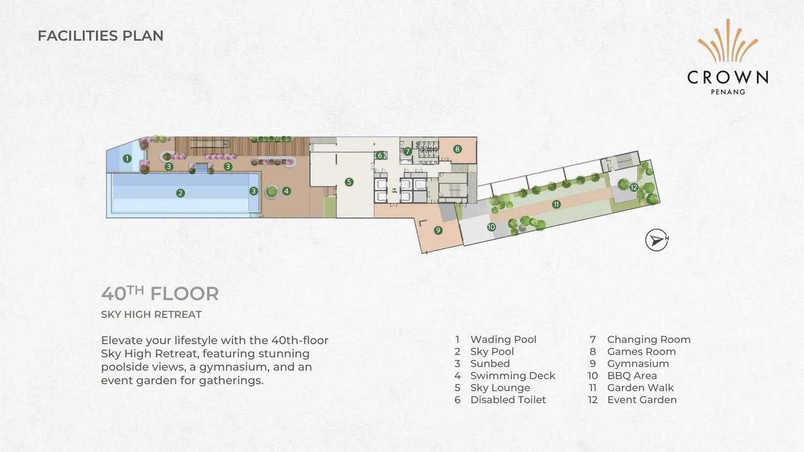 Crown Penang Level 40 Sky High Retreat facilities plan with sky pool, wading pool, gym, games room and event garden