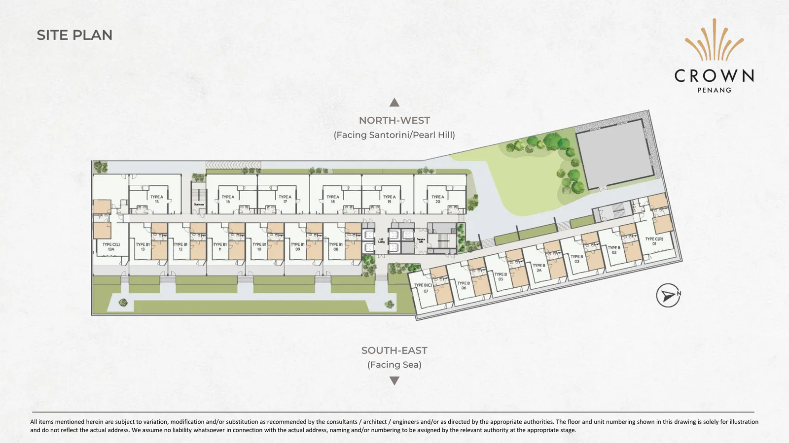 Crown Penang Level 8 site plan marking north-west (Pearl Hill) and south-east (sea) frontages, Tanjung Tokong, Penang
