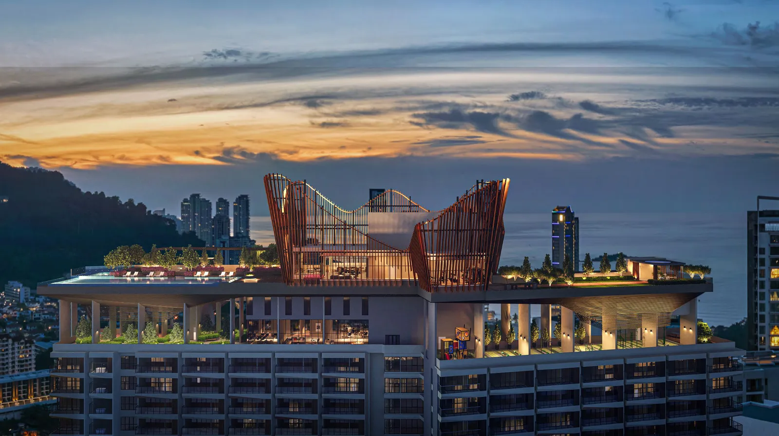 Crown Penang rooftop sky facilities at dusk over Tanjung Tokong, Penang Island — artist's impression