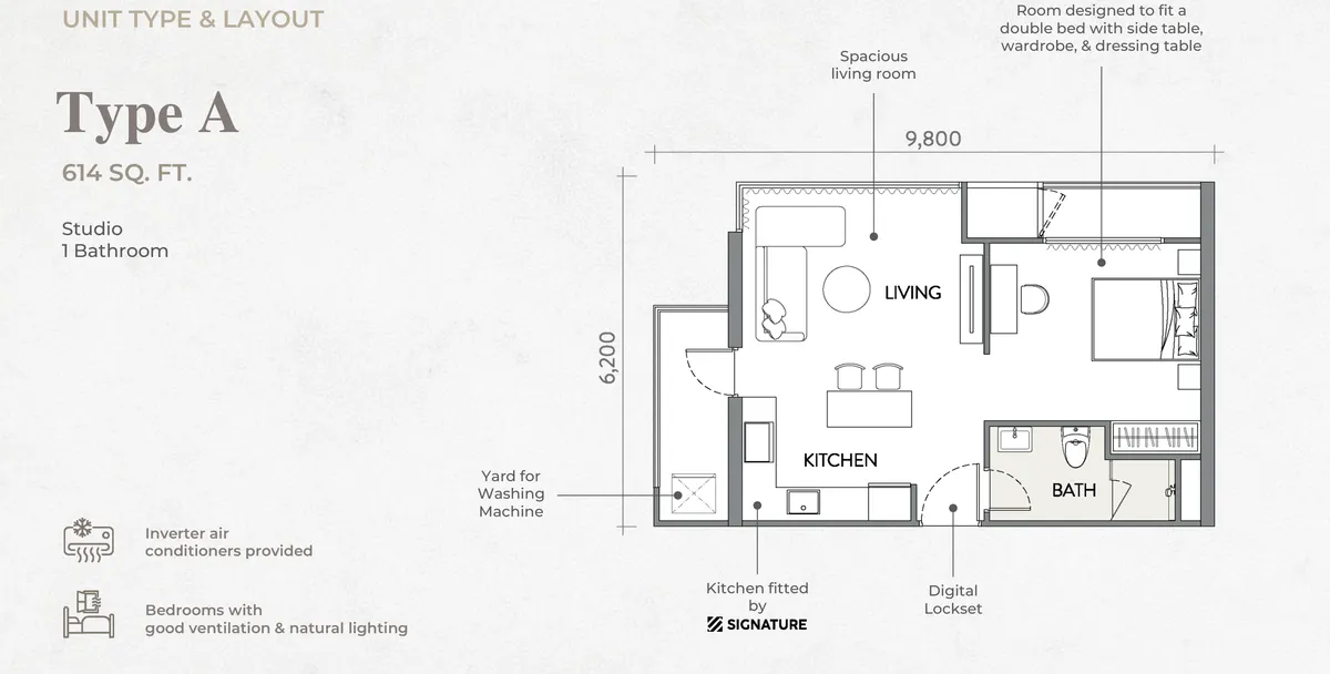 Crown Penang Type A floor plan — 614 sq ft studio with one bathroom, Tanjung Tokong, Penang